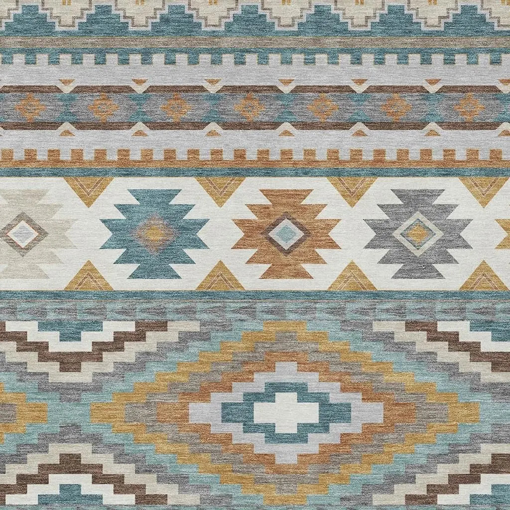 8' X 10' Teal Blue And Ivory Southwestern Washable Indoor Outdoor Area Rug Homeroots Outdoor