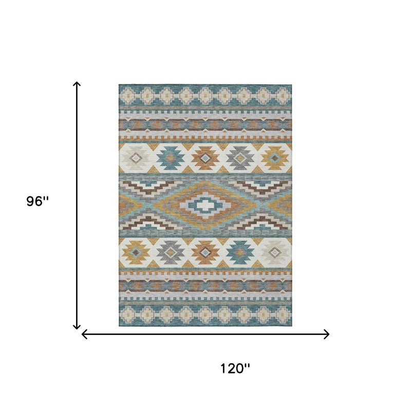 8' X 10' Teal Blue And Ivory Southwestern Washable Indoor Outdoor Area Rug Homeroots Outdoor