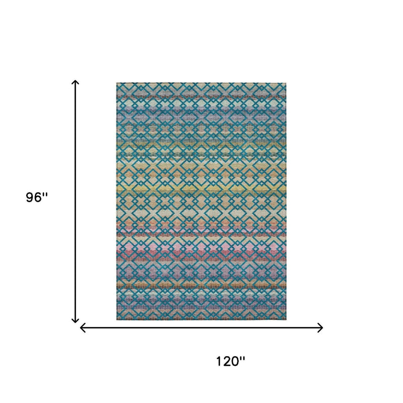 8' X 10' Teal Blue And Ivory Striped Washable Indoor Outdoor Area Rug Homeroots Outdoor