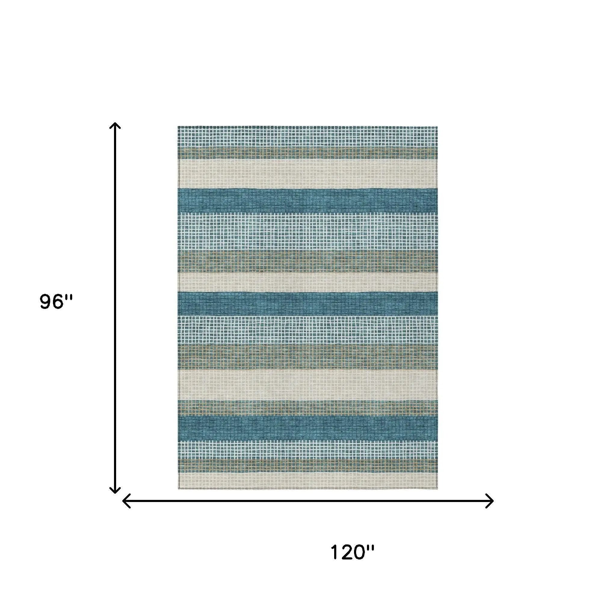 8' X 10' Teal Blue And Ivory Striped Washable Indoor Outdoor Area Rug Homeroots Outdoor