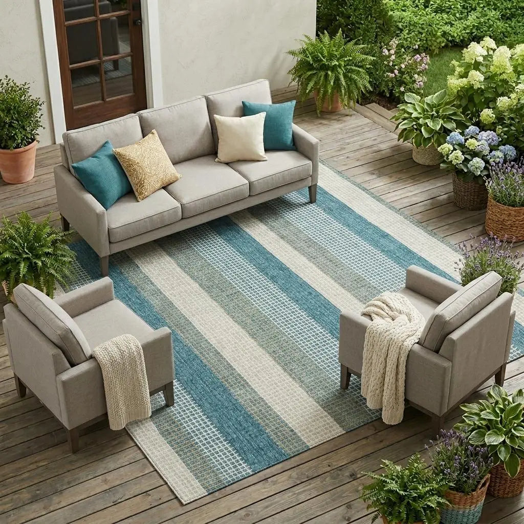 8' X 10' Teal Blue And Ivory Striped Washable Indoor Outdoor Area Rug Homeroots Outdoor