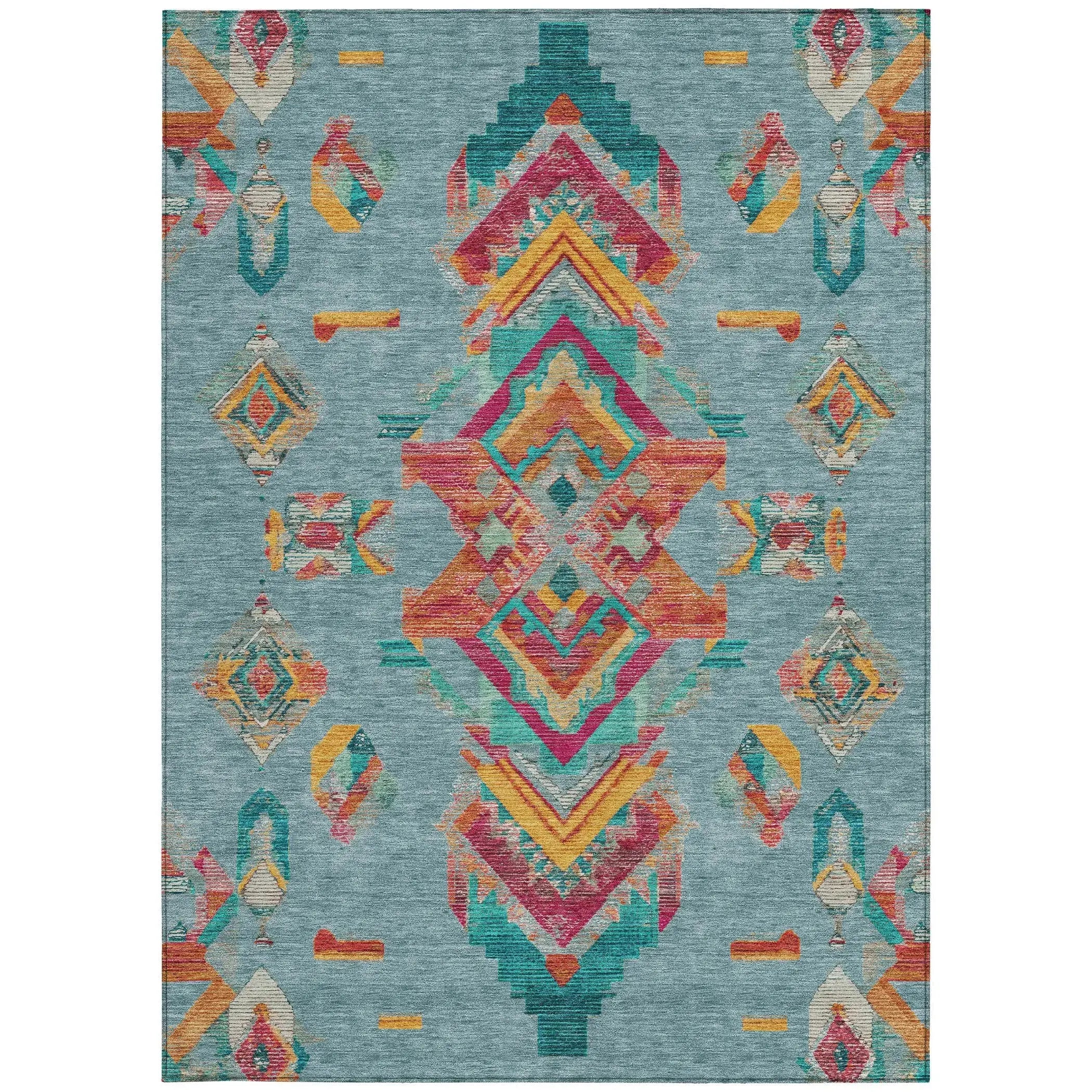 8' X 10' Teal Blue And Ivory Tribal Washable Indoor Outdoor Area Rug Homeroots Outdoor