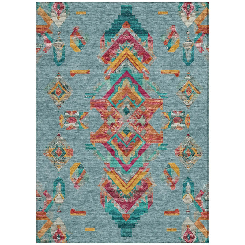 8' X 10' Teal Blue And Ivory Tribal Washable Indoor Outdoor Area Rug Homeroots Outdoor