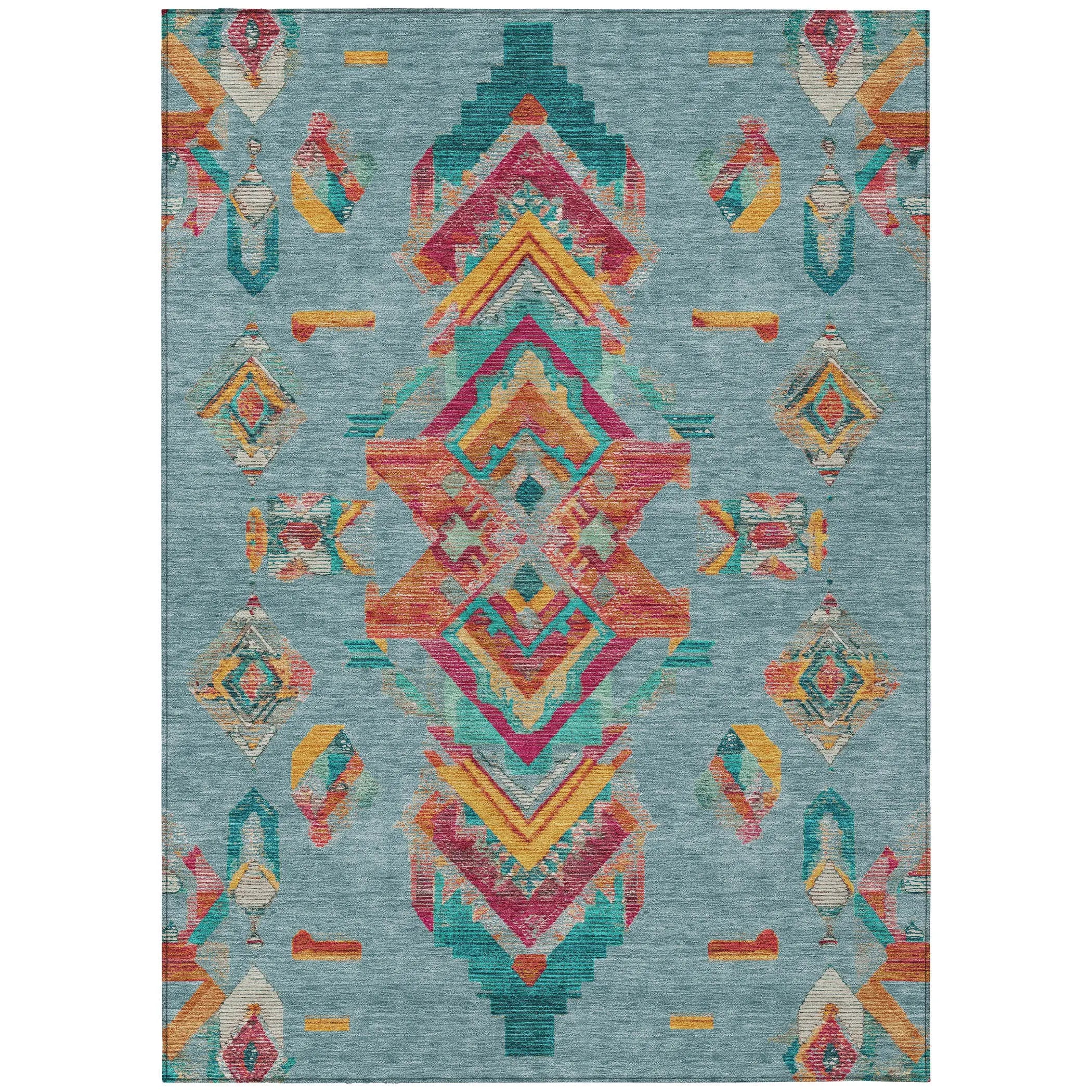 8' X 10' Teal Blue And Ivory Tribal Washable Indoor Outdoor Area Rug Homeroots Outdoor