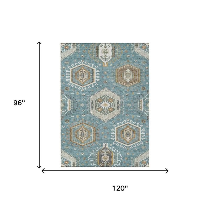 8' X 10' Teal Blue And Ivory Tribal Washable Indoor Outdoor Area Rug Homeroots Outdoor