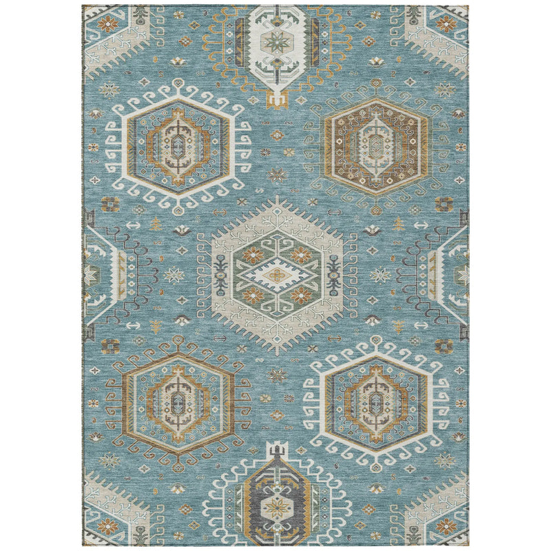 8' X 10' Teal Blue And Ivory Tribal Washable Indoor Outdoor Area Rug Homeroots Outdoor