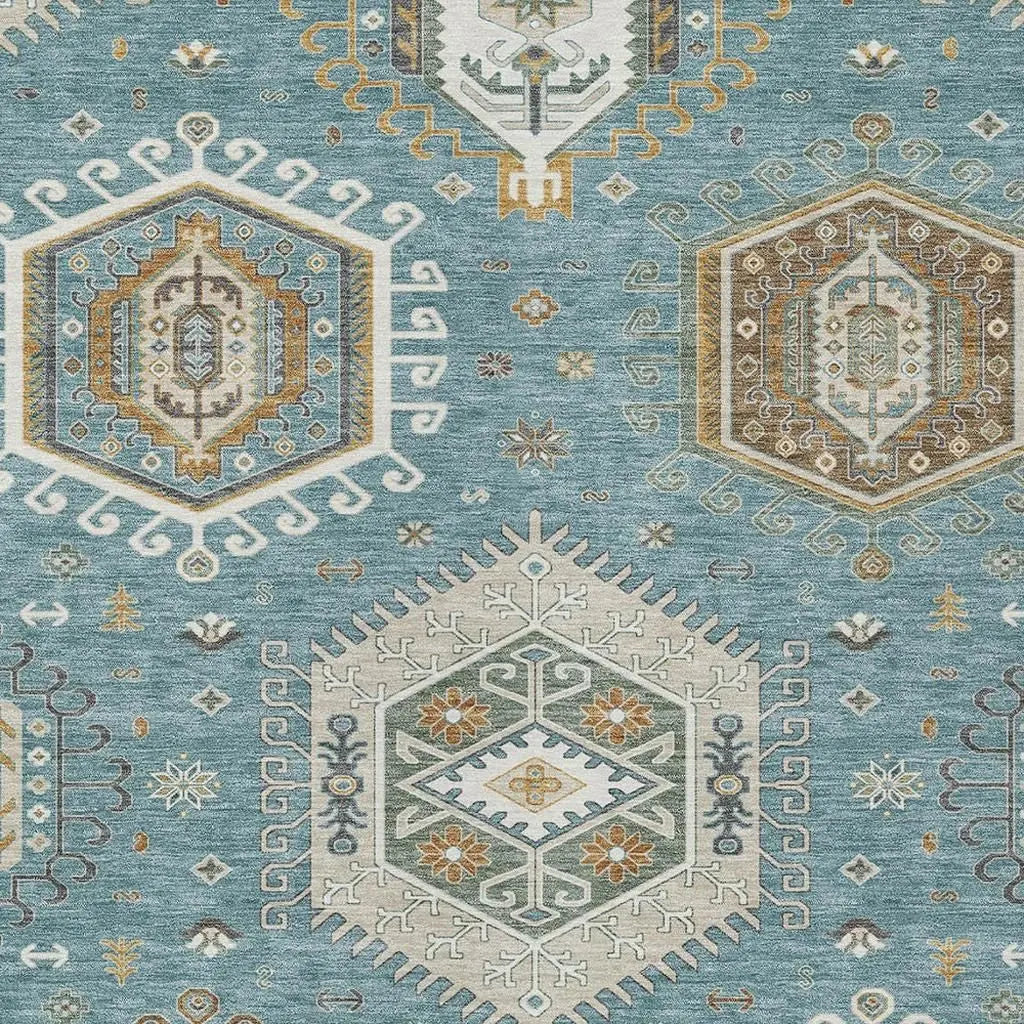 8' X 10' Teal Blue And Ivory Tribal Washable Indoor Outdoor Area Rug Homeroots Outdoor