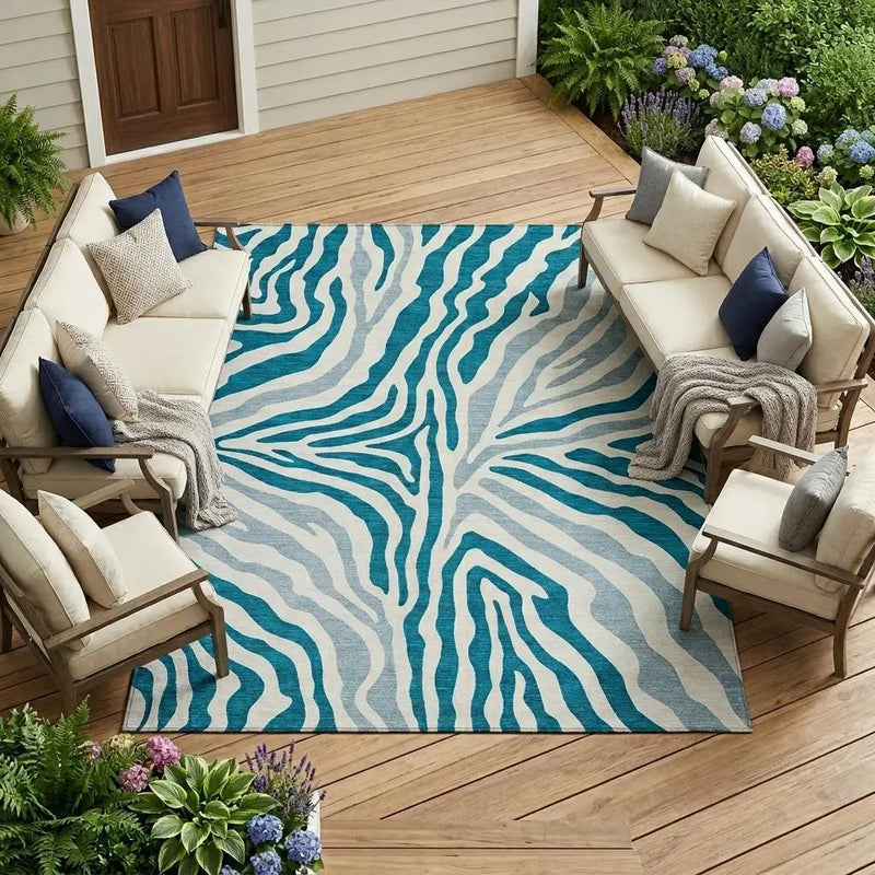 8' X 10' Teal Blue And Ivory Zebra Print Washable Indoor Outdoor Area Rug Homeroots Outdoor