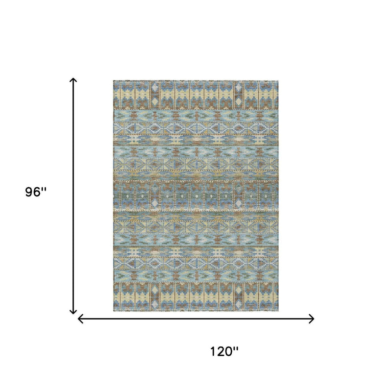 8' X 10' Teal Blue And Khaki Geometric Washable Indoor Outdoor Area Rug Homeroots Outdoor