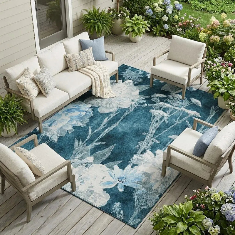 8' X 10' Teal Blue And Navy Blue Floral Washable Indoor Outdoor Area Rug Homeroots Outdoor