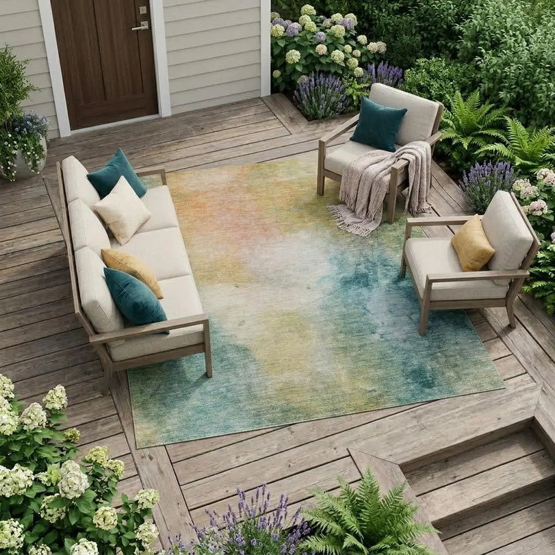 8' X 10' Teal Blue And Peach Abstract Washable Indoor Outdoor Area Rug Homeroots Outdoor
