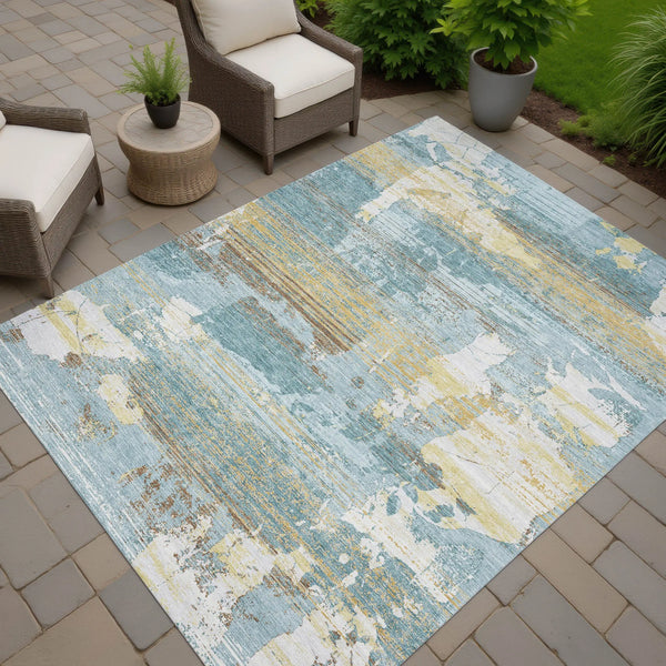 8' X 10' Teal Blue And Pewter Abstract Washable Indoor Outdoor Area Rug Homeroots Outdoor