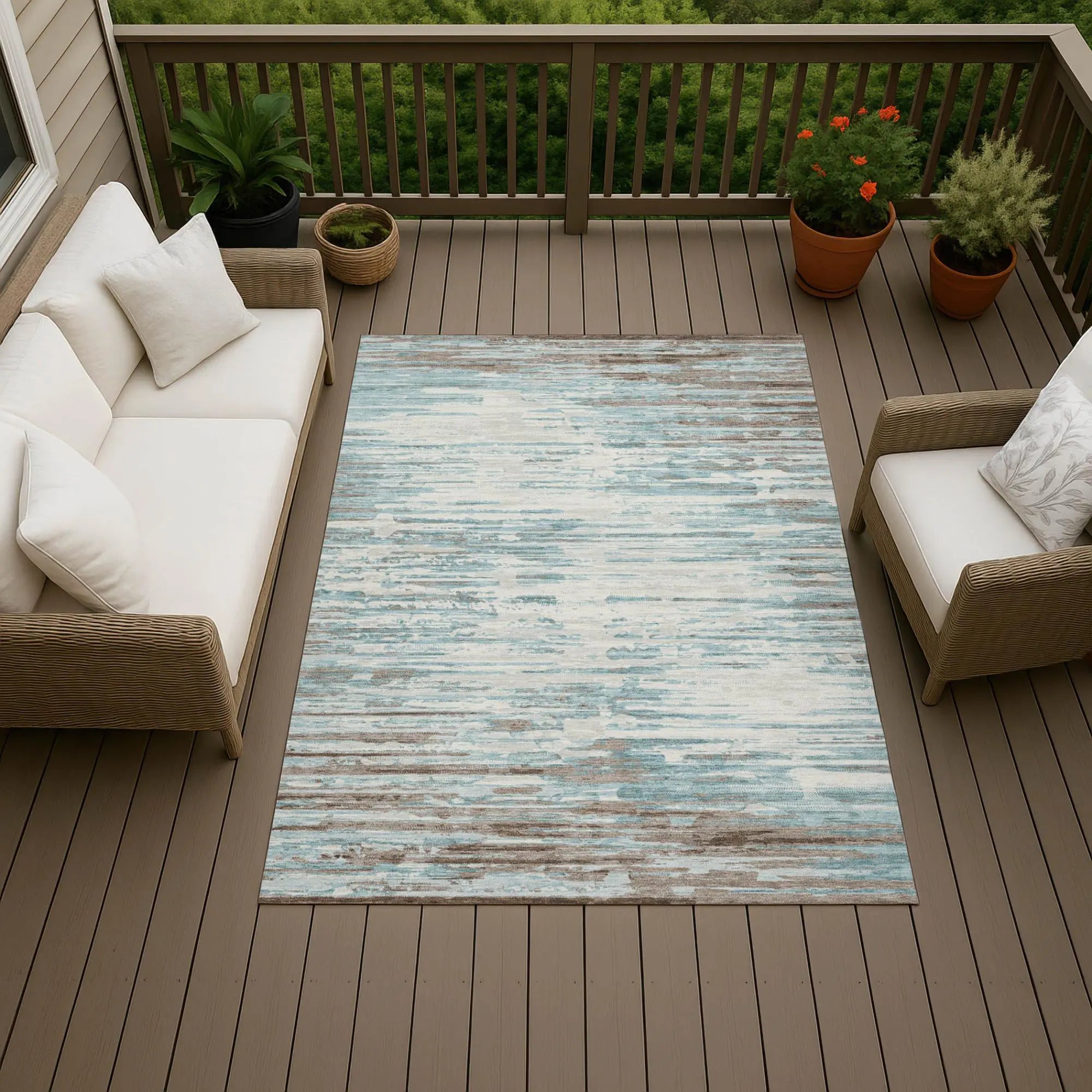 8' X 10' Teal Blue And Pewter Abstract Washable Indoor Outdoor Area Rug Homeroots Outdoor