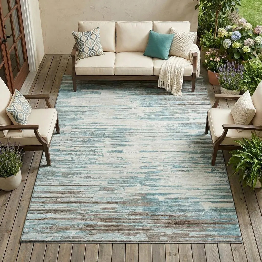 8' X 10' Teal Blue And Pewter Abstract Washable Indoor Outdoor Area Rug Homeroots Outdoor