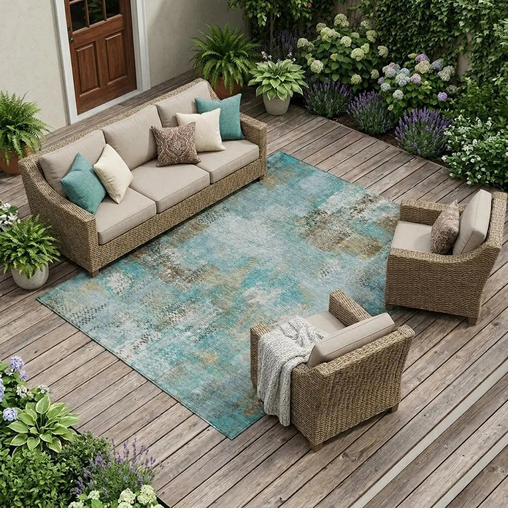 8' X 10' Teal Blue And Pewter Abstract Washable Indoor Outdoor Area Rug Homeroots Outdoor