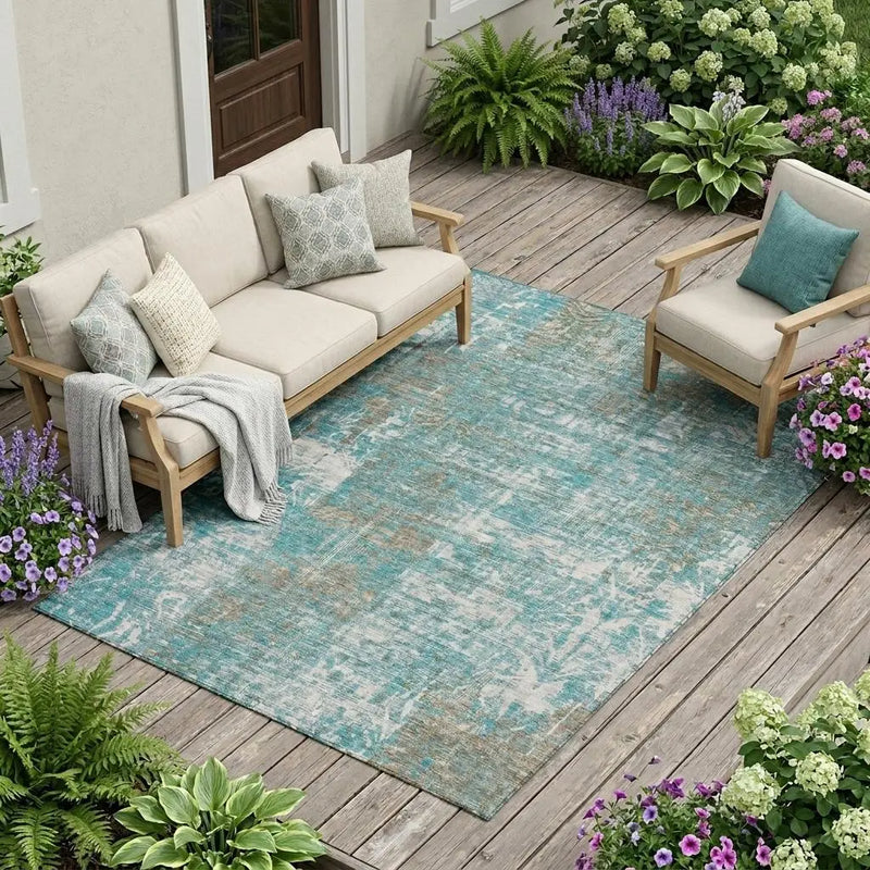 8' X 10' Teal Blue And Pewter Abstract Washable Indoor Outdoor Area Rug Homeroots Outdoor