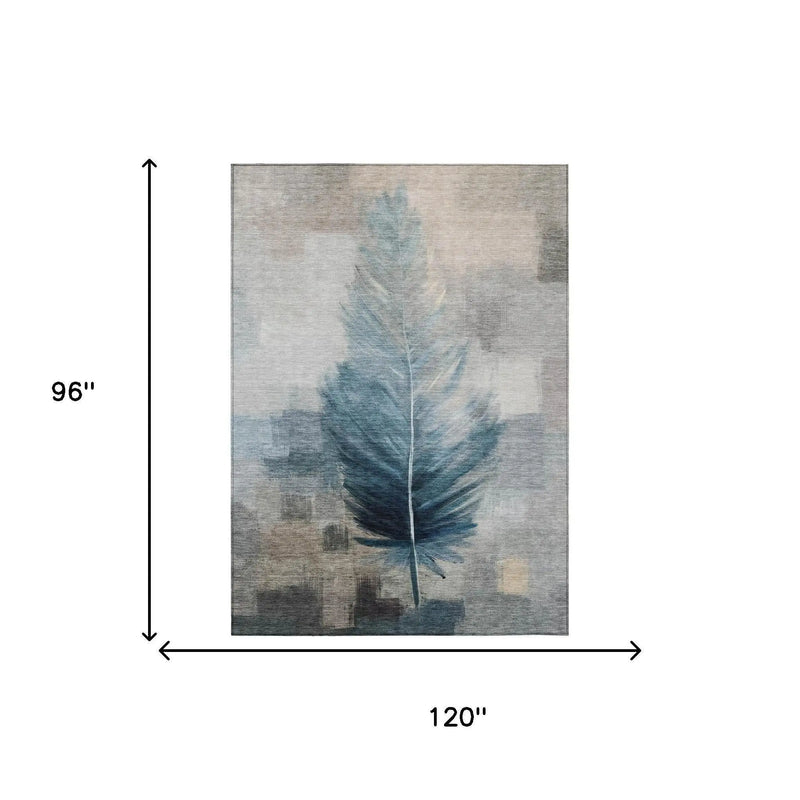 8' X 10' Teal Blue And Pewter Botanical Leaves Washable Indoor Outdoor Area Rug Homeroots Outdoor