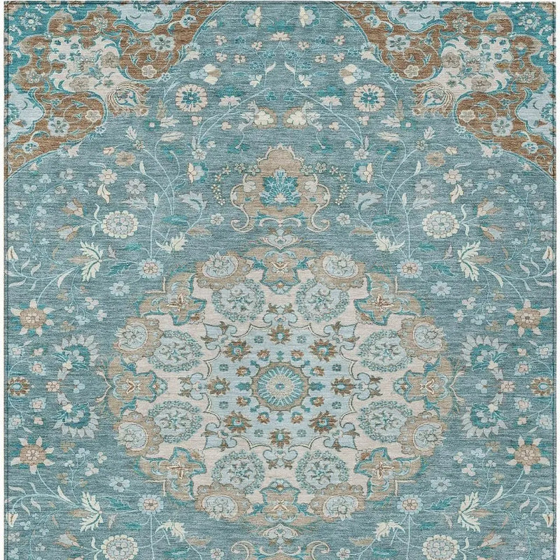 8' X 10' Teal Blue And Pewter Damask Washable Indoor Outdoor Area Rug Homeroots Outdoor