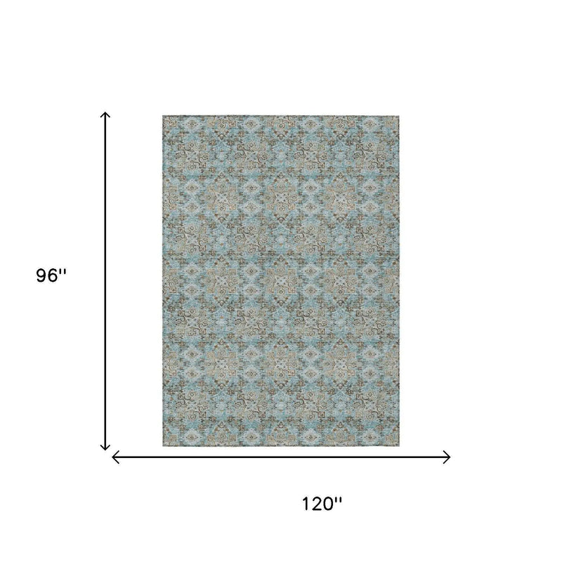 8' X 10' Teal Blue And Pewter Damask Washable Indoor Outdoor Area Rug Homeroots Outdoor