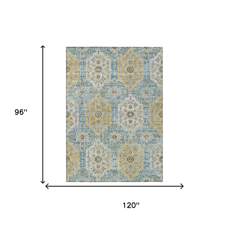 8' X 10' Teal Blue And Pewter Damask Washable Indoor Outdoor Area Rug Homeroots Outdoor