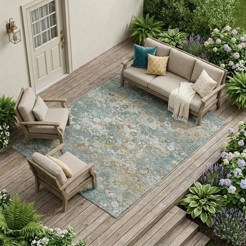 8' X 10' Teal Blue And Pewter Floral Medallion Washable Indoor Outdoor Area Rug Homeroots Outdoor