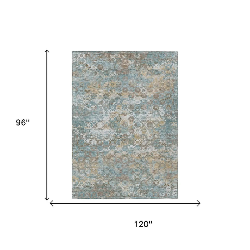 8' X 10' Teal Blue And Pewter Floral Medallion Washable Indoor Outdoor Area Rug Homeroots Outdoor