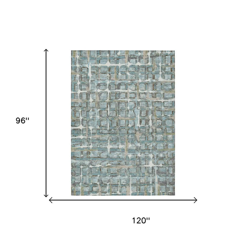 8' X 10' Teal Blue And Pewter Geometric Washable Indoor Outdoor Area Rug Homeroots Outdoor
