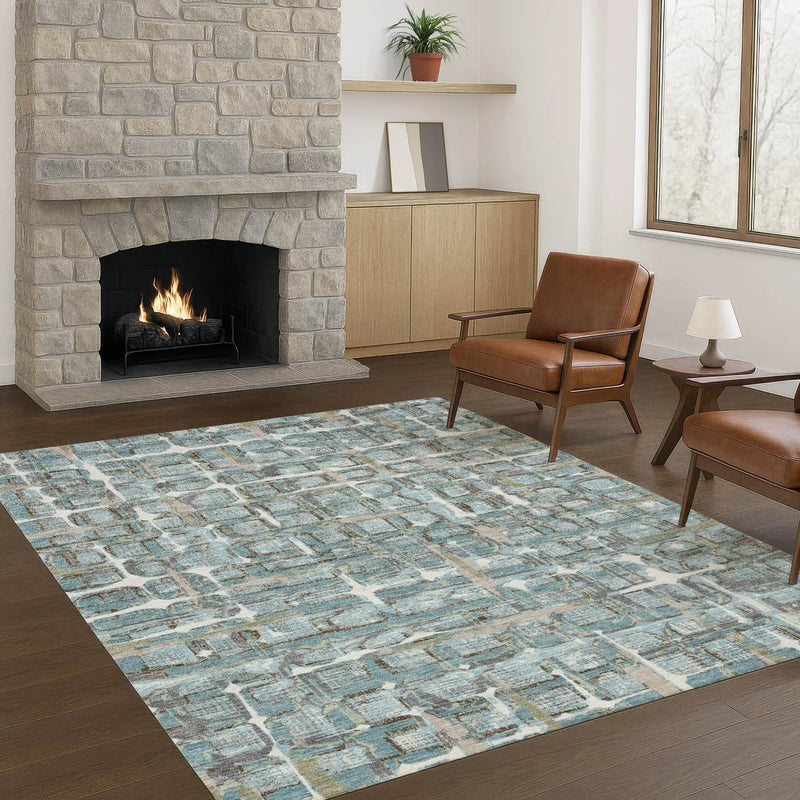 8' X 10' Teal Blue And Pewter Geometric Washable Indoor Outdoor Area Rug Homeroots Outdoor