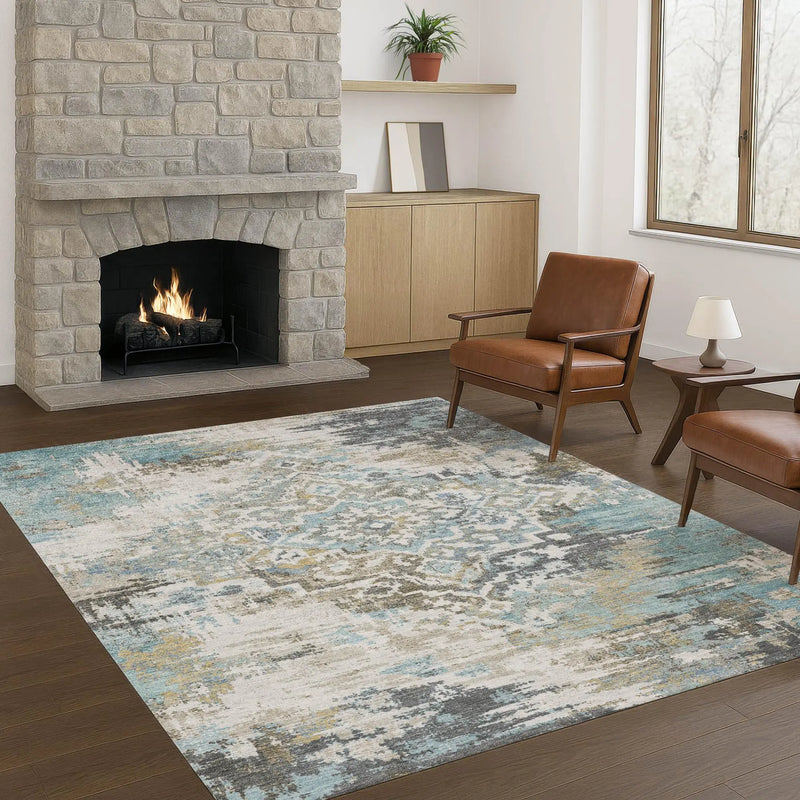 8' X 10' Teal Blue And Pewter Medallion Washable Indoor Outdoor Area Rug Homeroots Outdoor
