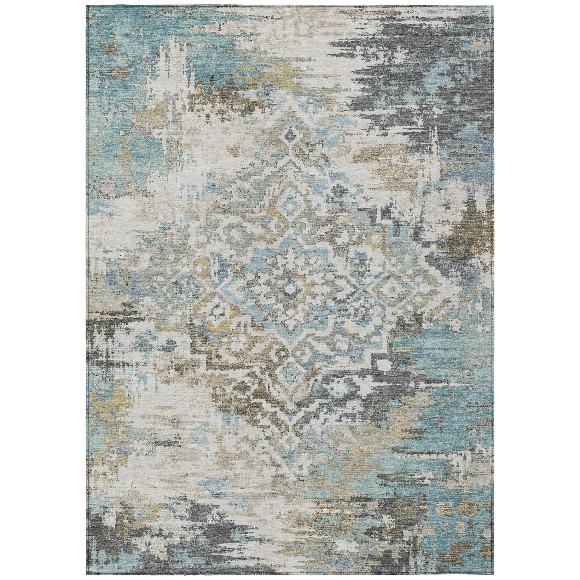 8' X 10' Teal Blue And Pewter Medallion Washable Indoor Outdoor Area Rug Homeroots Outdoor