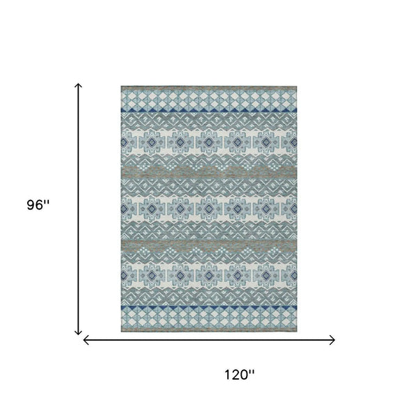 8' X 10' Teal Blue And Pewter Striped Washable Indoor Outdoor Area Rug Homeroots Outdoor