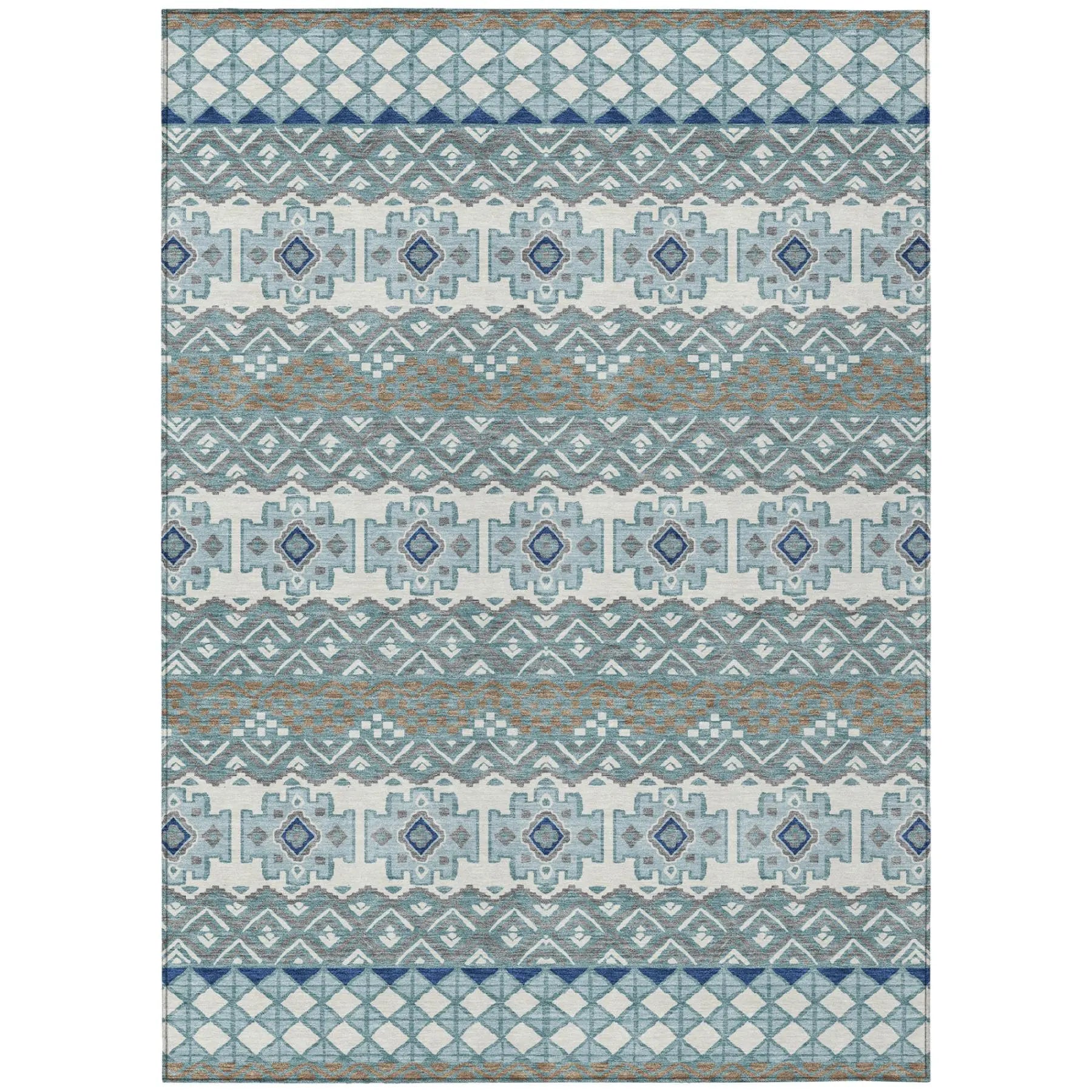 8' X 10' Teal Blue And Pewter Striped Washable Indoor Outdoor Area Rug Homeroots Outdoor