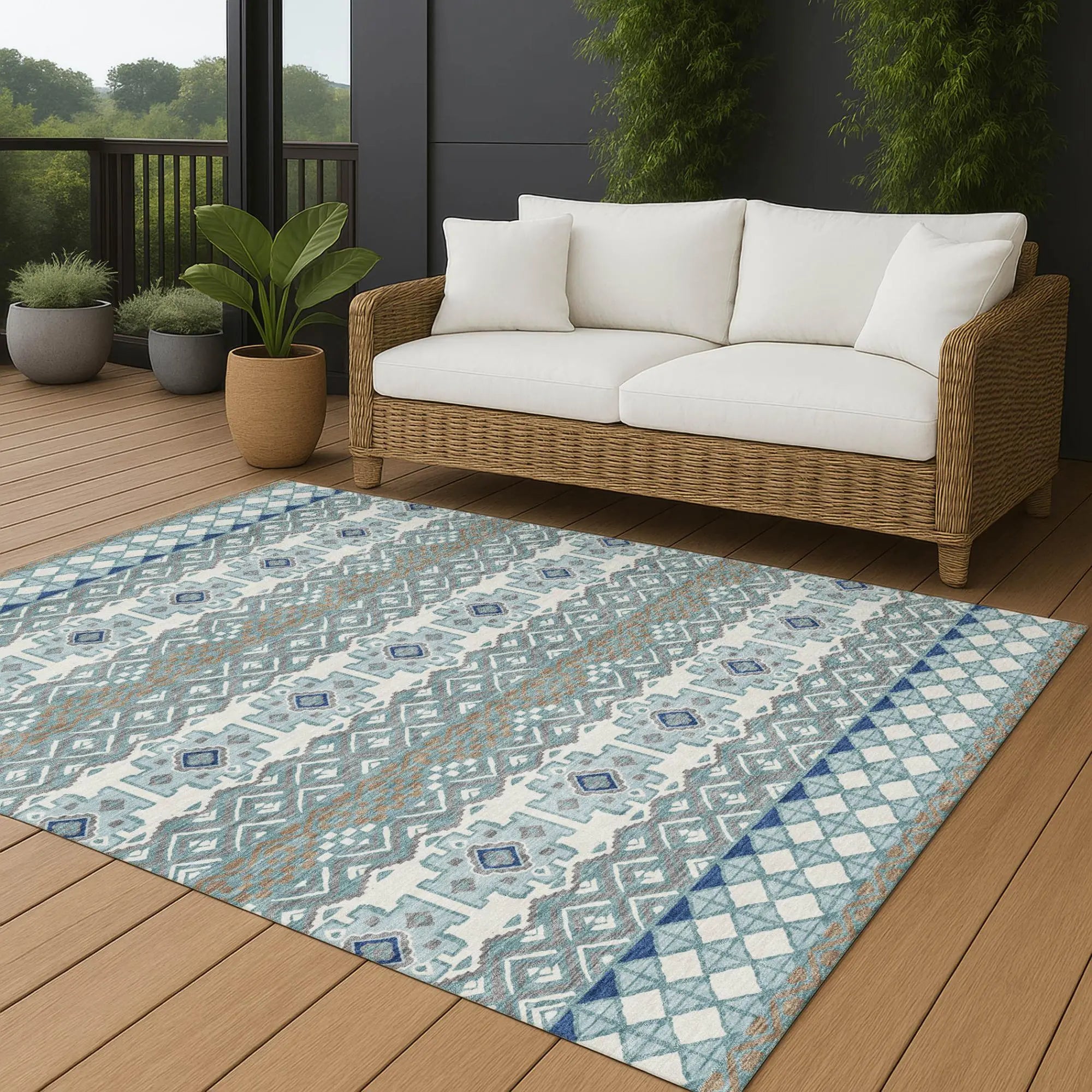 8' X 10' Teal Blue And Pewter Striped Washable Indoor Outdoor Area Rug Homeroots Outdoor