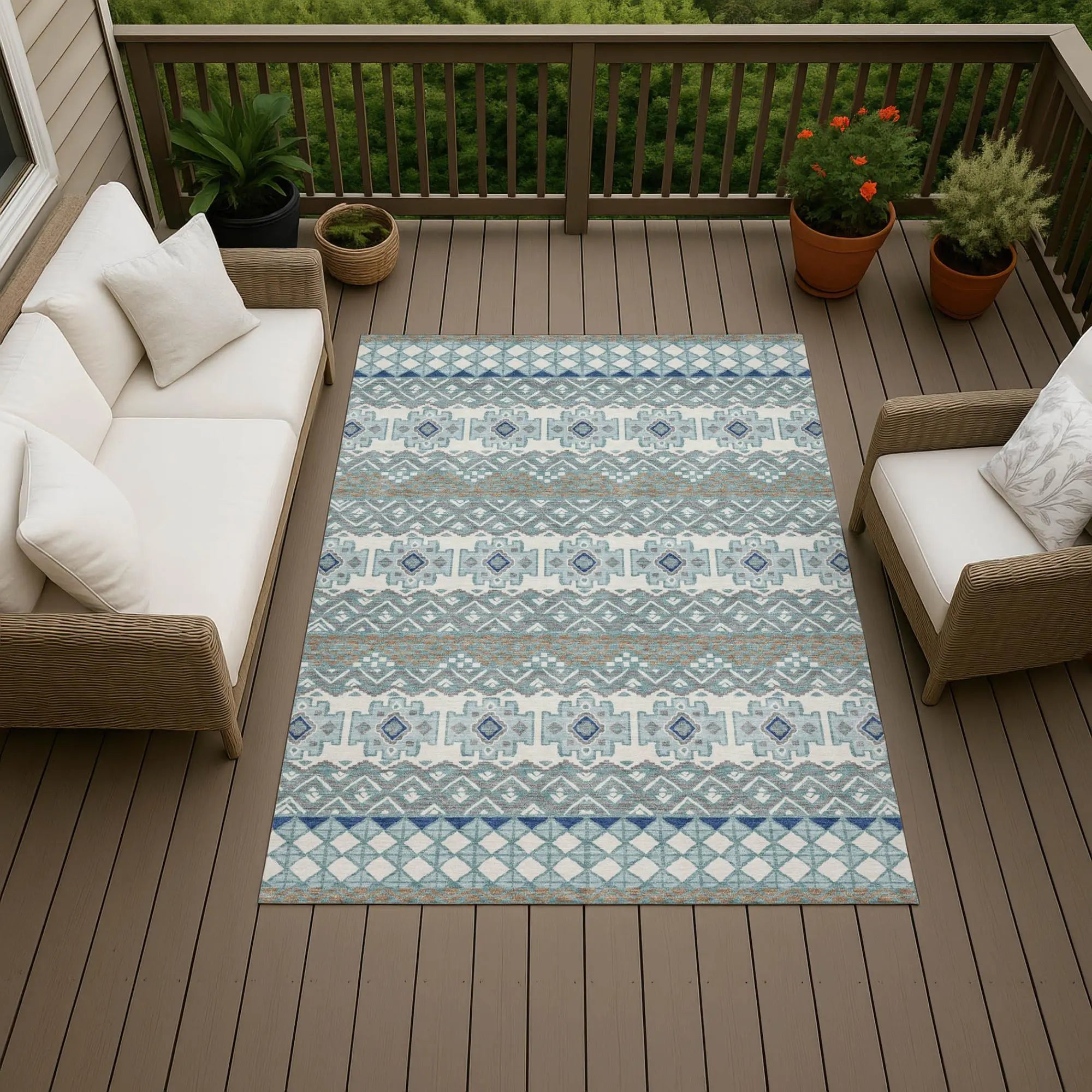8' X 10' Teal Blue And Pewter Striped Washable Indoor Outdoor Area Rug Homeroots Outdoor