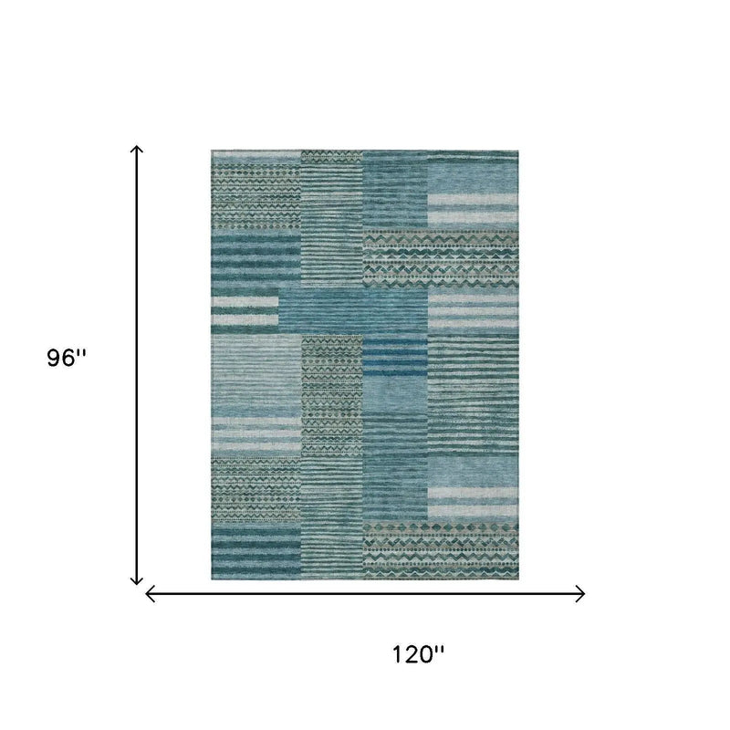 8' X 10' Teal Blue And Pewter Striped Washable Indoor Outdoor Area Rug Homeroots Outdoor