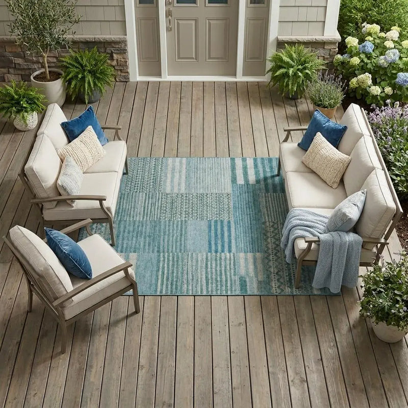 8' X 10' Teal Blue And Pewter Striped Washable Indoor Outdoor Area Rug Homeroots Outdoor