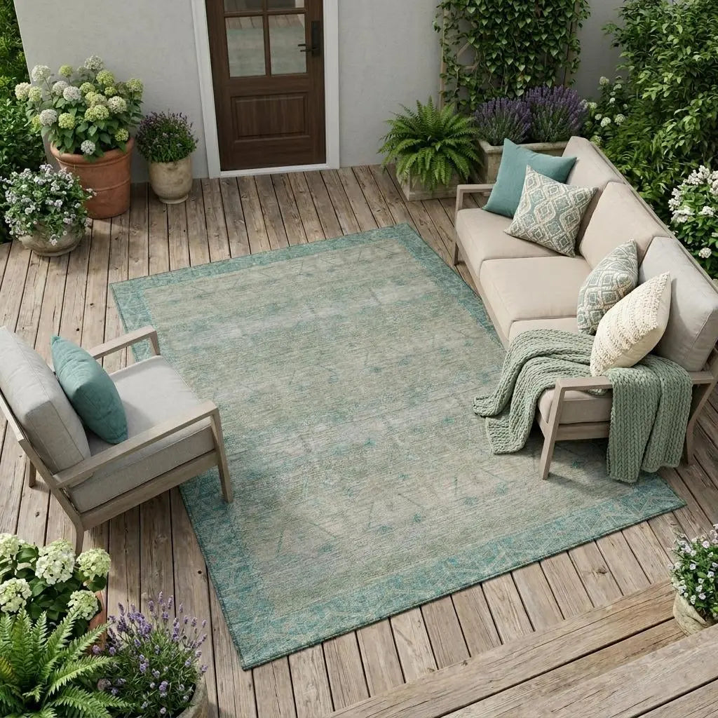 8' X 10' Teal Blue And Pewter Tribal Washable Indoor Outdoor Area Rug Homeroots Outdoor