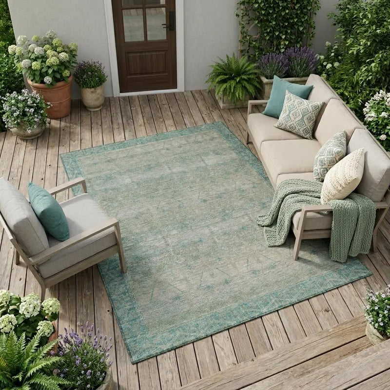 8' X 10' Teal Blue And Pewter Tribal Washable Indoor Outdoor Area Rug Homeroots Outdoor