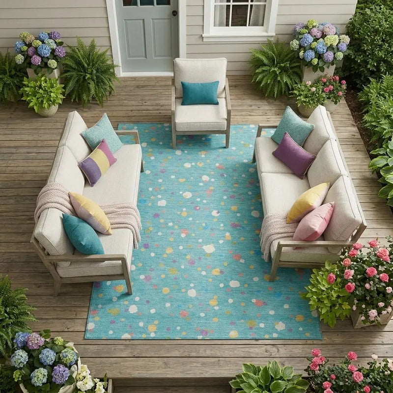 8' X 10' Teal Blue And Pink Geometric Washable Indoor Outdoor Area Rug Homeroots Outdoor