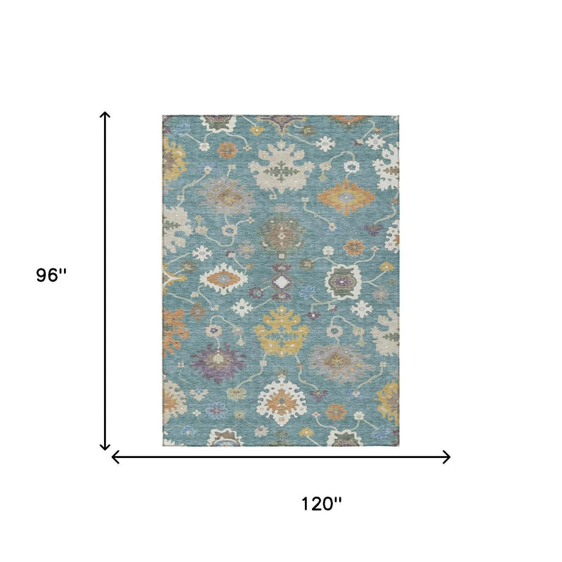 8' X 10' Teal Blue And Sage Oriental Washable Indoor Outdoor Area Rug Homeroots Outdoor