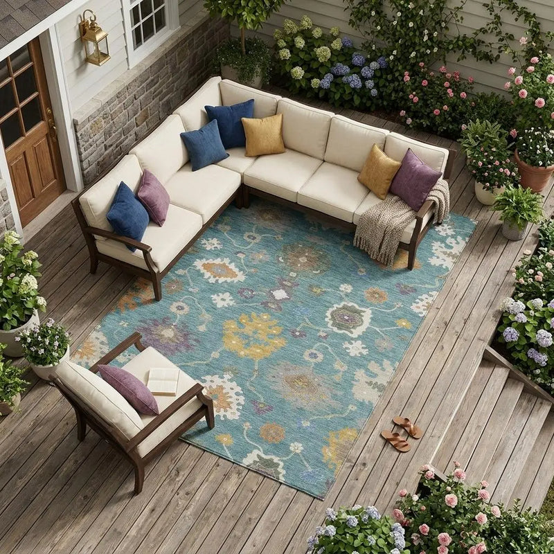 8' X 10' Teal Blue And Sage Oriental Washable Indoor Outdoor Area Rug Homeroots Outdoor