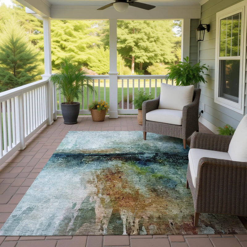 8' X 10' Teal Blue And Silver Abstract Washable Indoor Outdoor Area Rug Homeroots Outdoor
