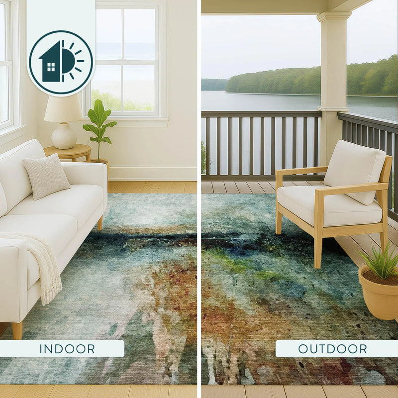 8' X 10' Teal Blue And Silver Abstract Washable Indoor Outdoor Area Rug Homeroots Outdoor