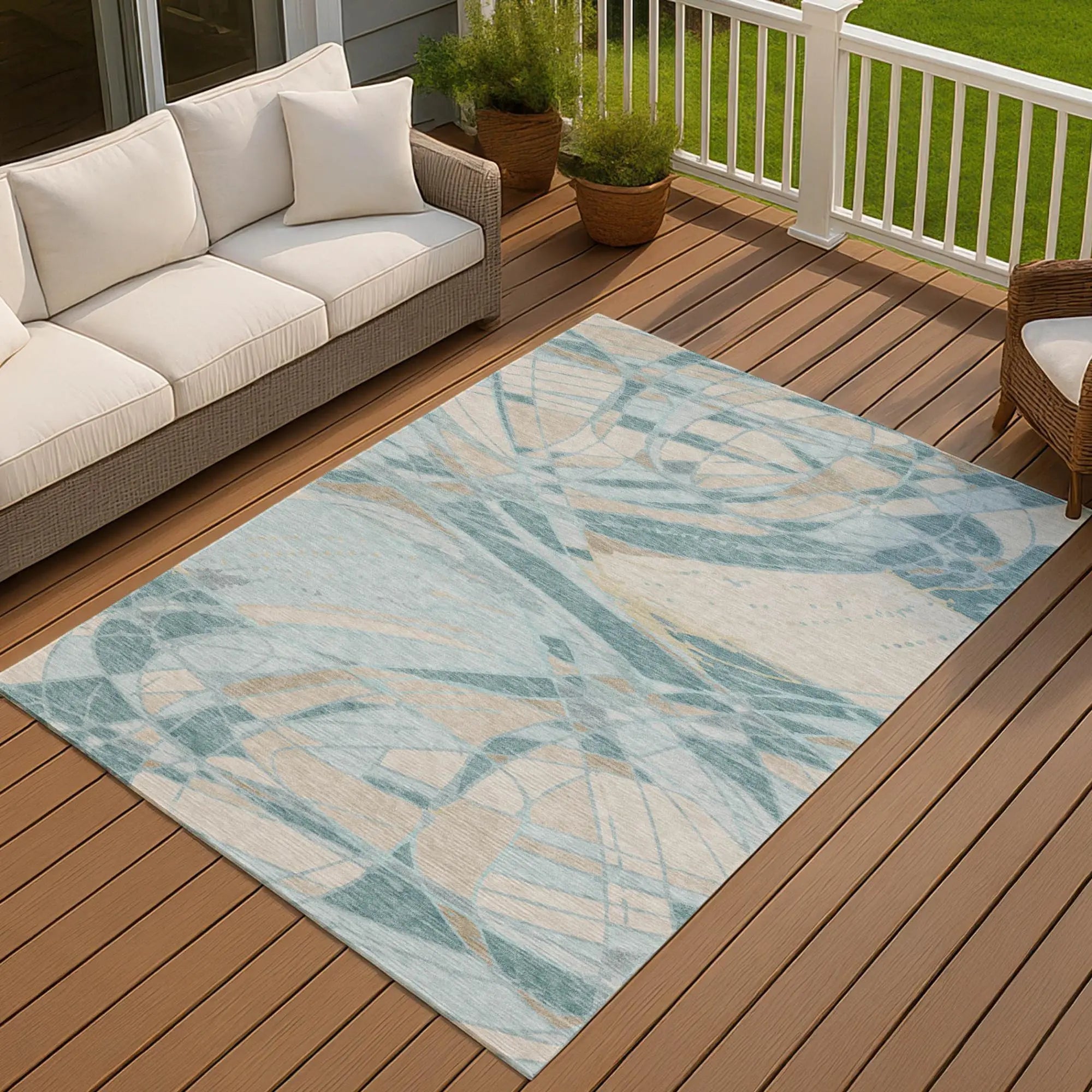 8' X 10' Teal Blue And Silver Abstract Washable Indoor Outdoor Area Rug Homeroots Outdoor
