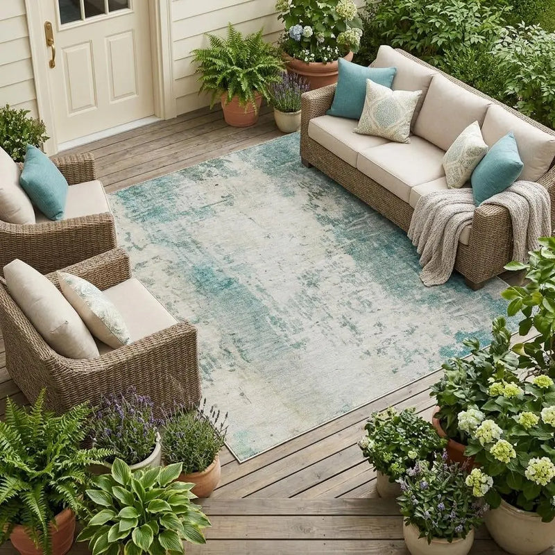 8' X 10' Teal Blue And Silver Abstract Washable Indoor Outdoor Area Rug Homeroots Outdoor