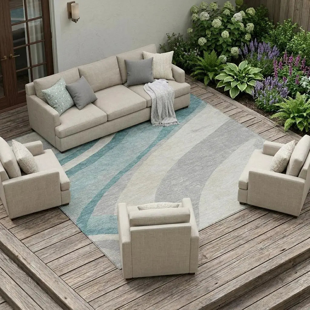 8' X 10' Teal Blue And Silver Abstract Washable Indoor Outdoor Area Rug Homeroots Outdoor