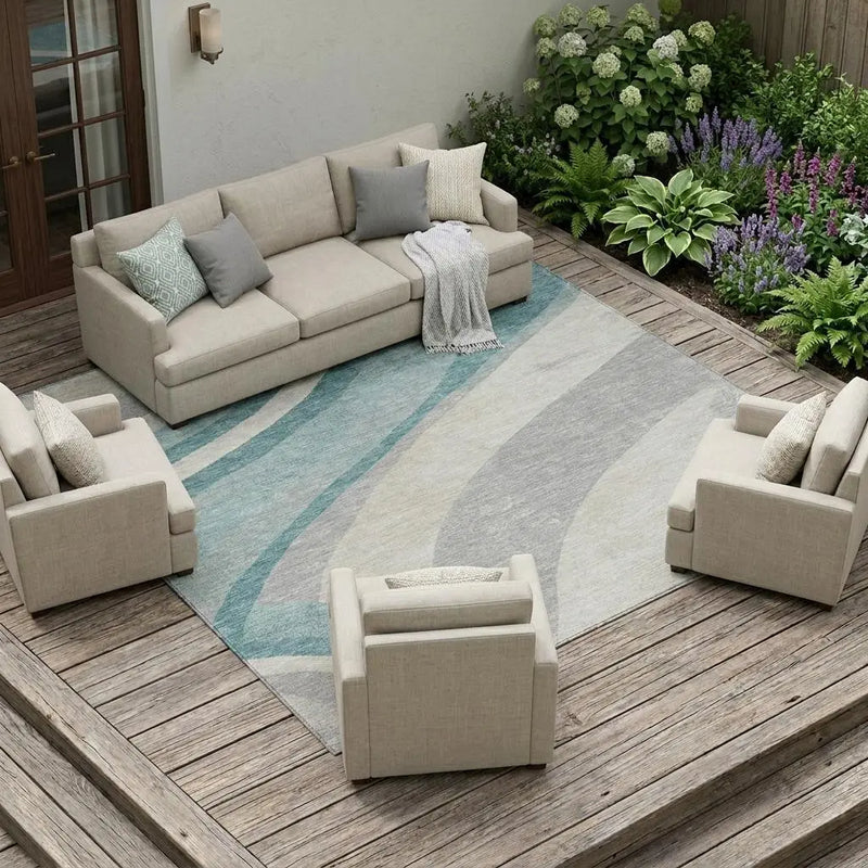 8' X 10' Teal Blue And Silver Abstract Washable Indoor Outdoor Area Rug Homeroots Outdoor