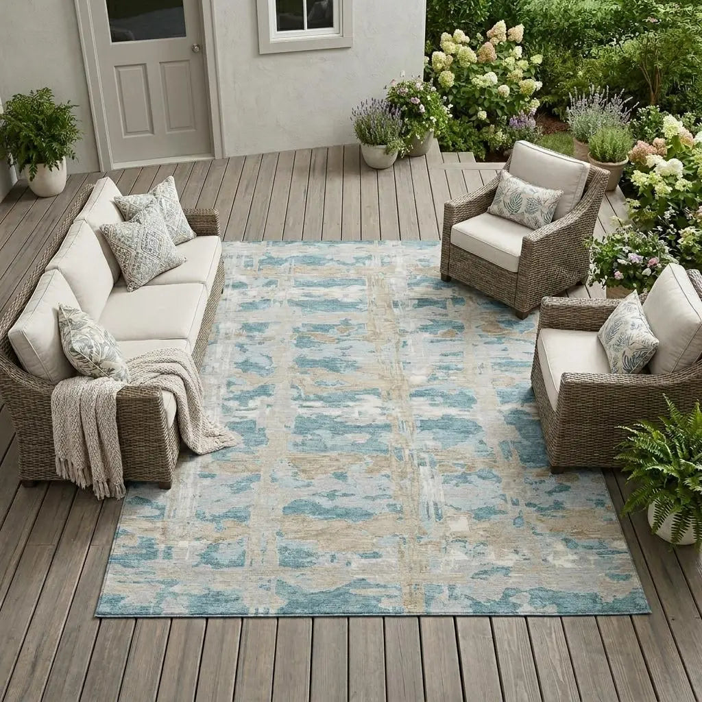 8' X 10' Teal Blue And Silver Abstract Washable Indoor Outdoor Area Rug Homeroots Outdoor