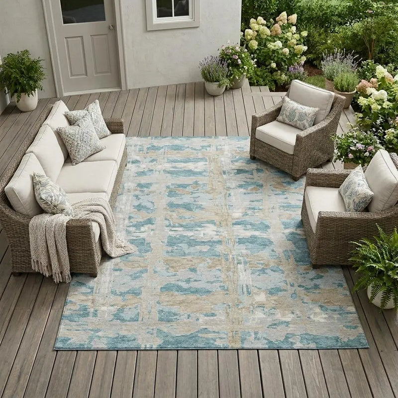 8' X 10' Teal Blue And Silver Abstract Washable Indoor Outdoor Area Rug Homeroots Outdoor