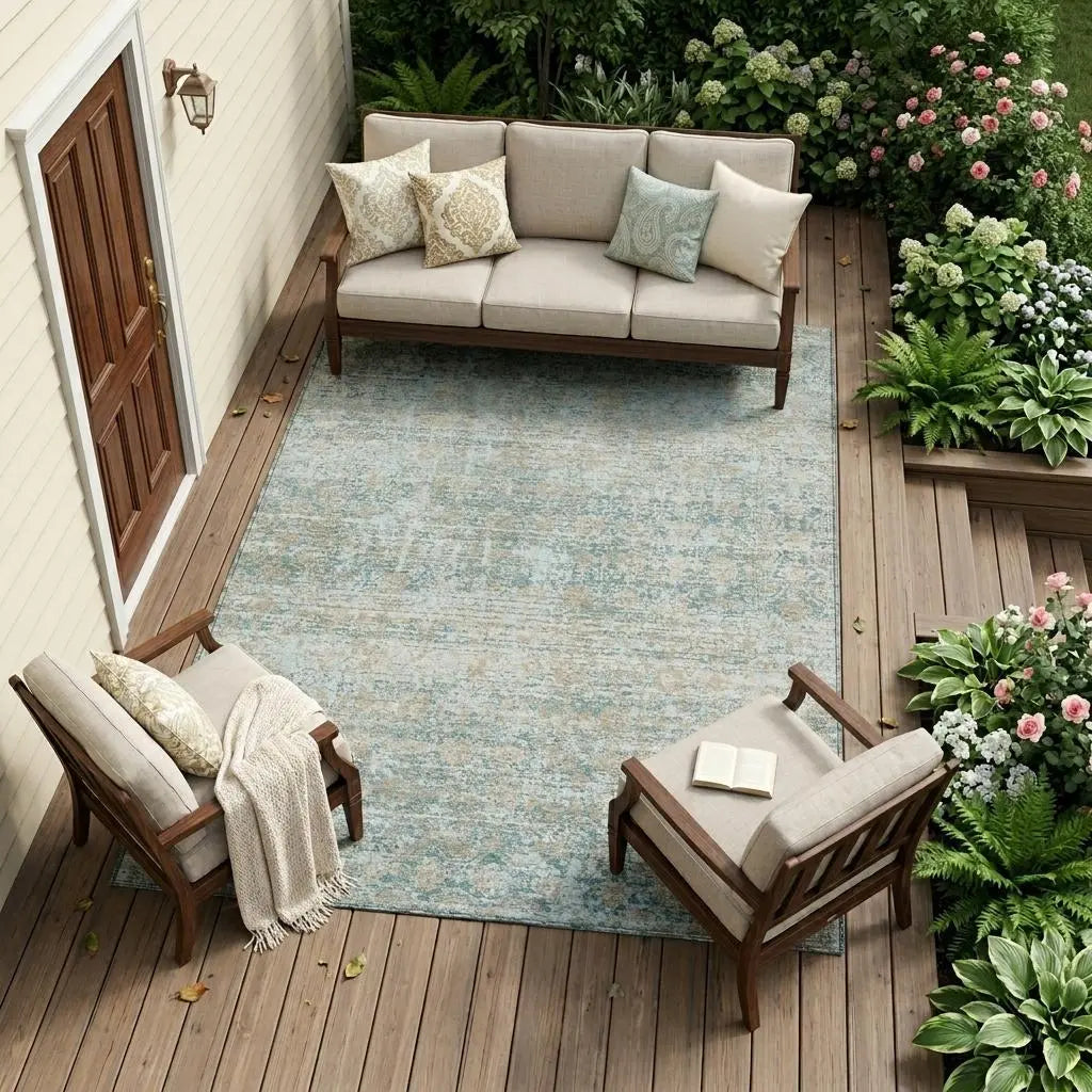 8' X 10' Teal Blue And Silver Abstract Washable Indoor Outdoor Area Rug Homeroots Outdoor